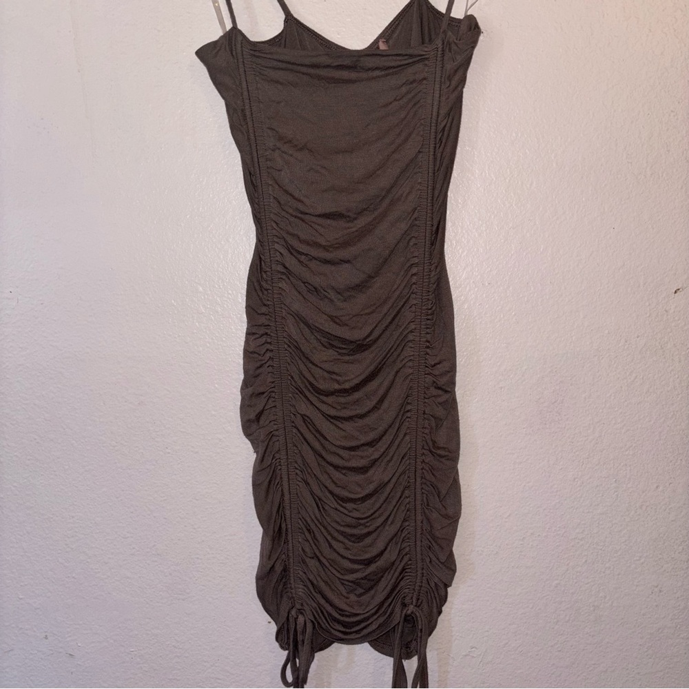 Woman’s Brown Bodycon Mini Dress with Spaghetti Straps and Bottom Ties, Size S